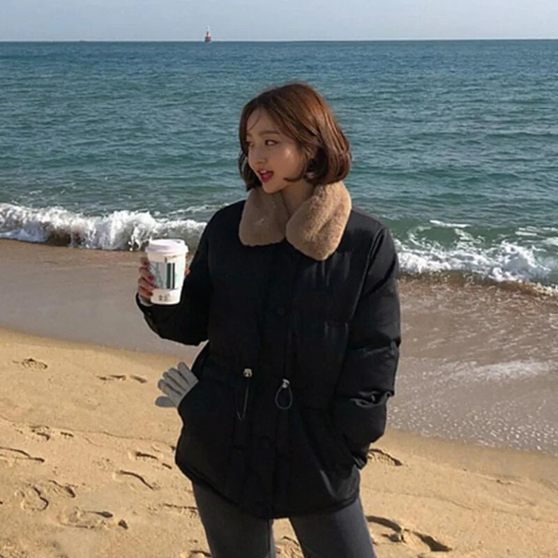 Nukty Women's Winter Jacket - Casual Warm Polyester Padded Coat (Black, Korean Style)