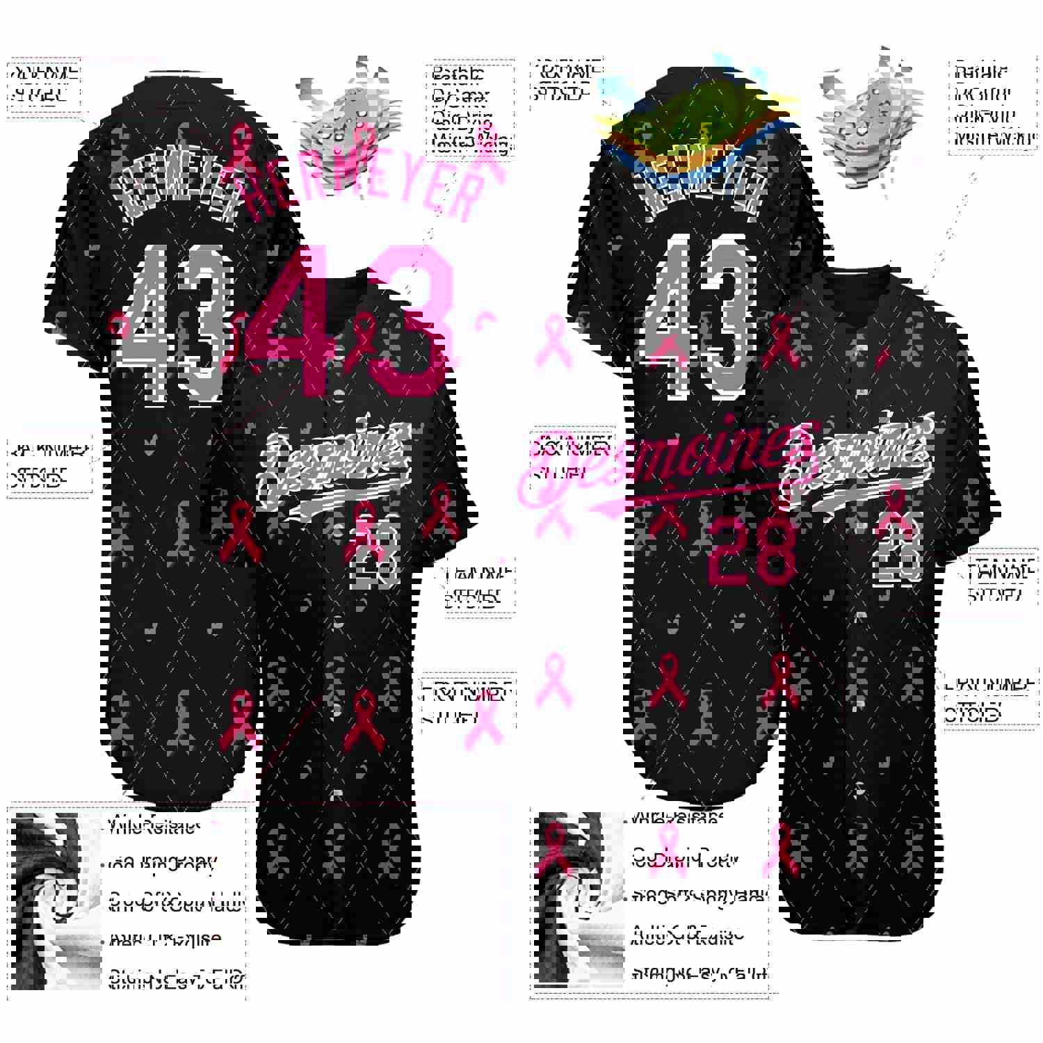 Custom Black Pink-White 3D Pink Ribbon Breast Cancer Awareness Women's Baseball Jersey