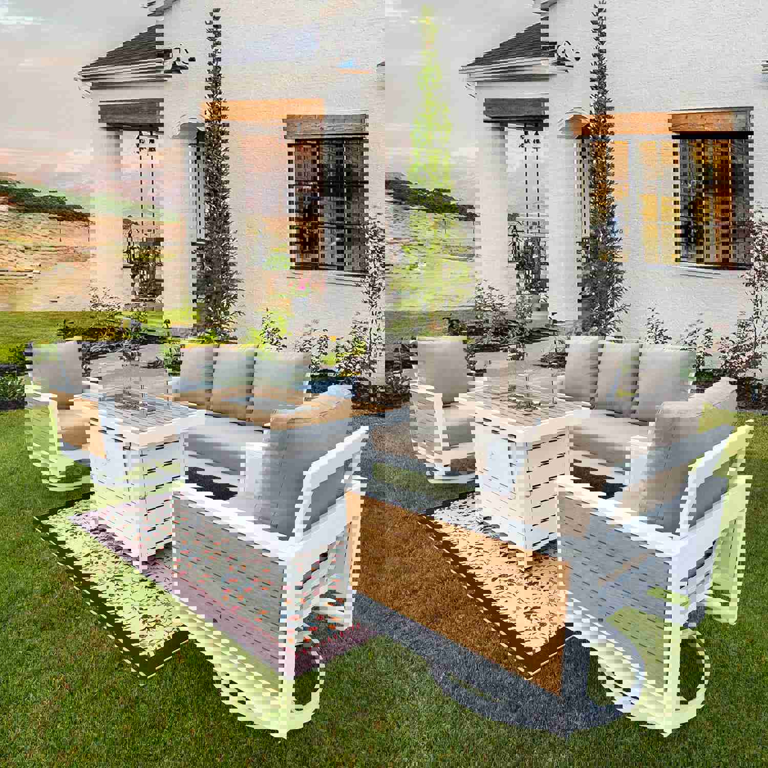 Denver 4-Piece Aluminum Outdoor Patio Fire Pit Seating Set with Acrylic Cast Ash Cushions