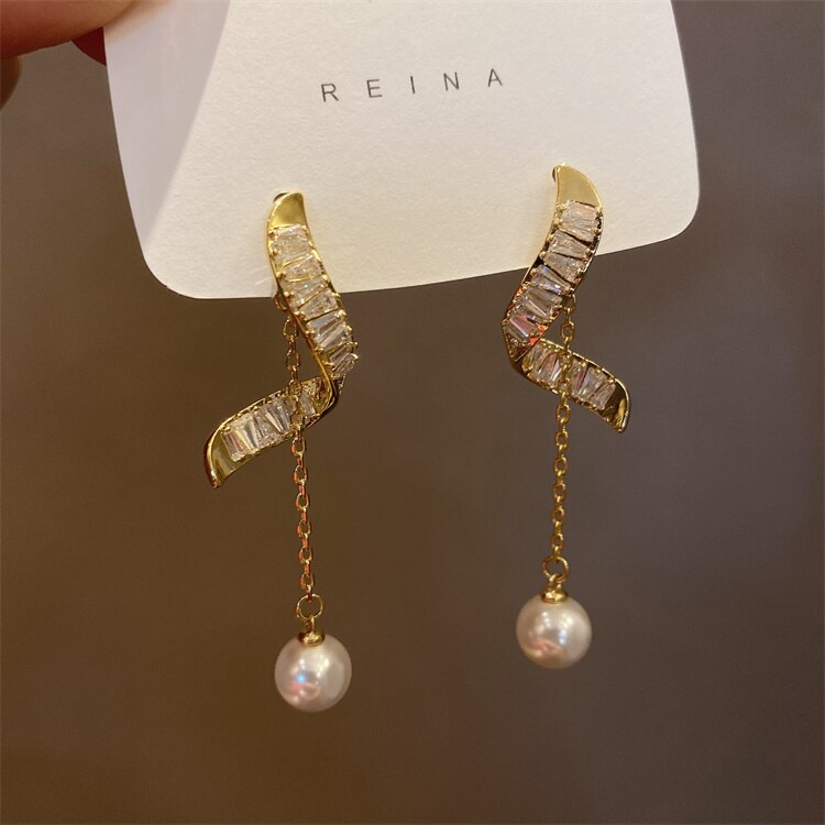 Korea Design Jewelry 14K Gold Plated York Zircon Pearl Pendant Earrings