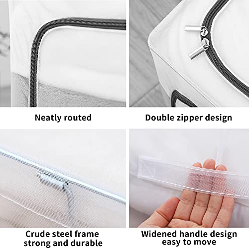 BYG 70L Waterproof Closet Clear Storage Bins with Lids, Stackable Foldable Steel Frame Handle for Comforters, Bedding, Blankets, Clothing, Pillows, Decorations - Pack of 2 (GREY, 70L)