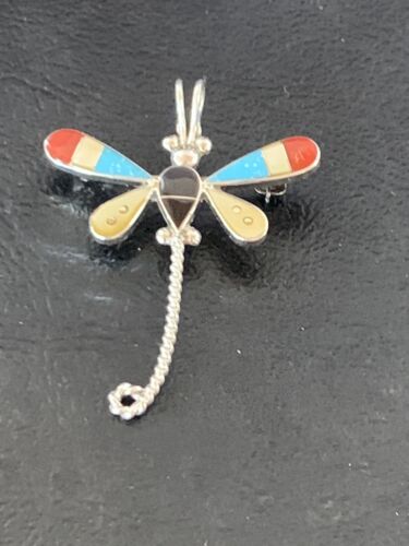 Handmade Zuni Turquoise and MOP Dragonfly Sterling Silver Pendant Necklace