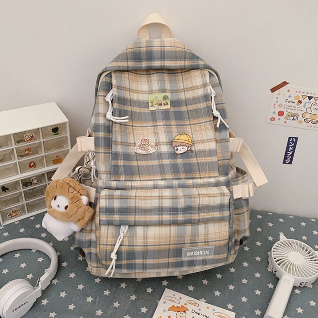 Japanese Plaid Backpack for Women - Large Capacity Korean Style Schoolbag