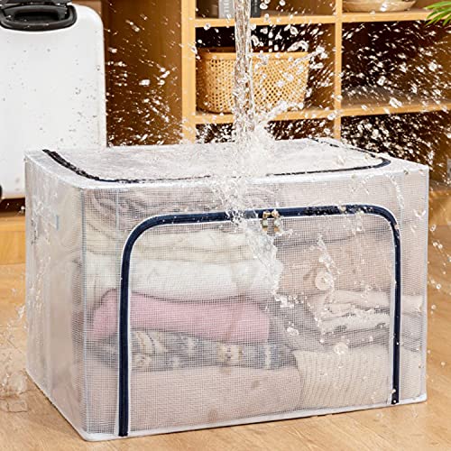 BYG 70L Waterproof Closet Clear Storage Bins with Lids, Stackable Foldable Steel Frame Handle for Comforters, Bedding, Blankets, Clothing, Pillows, Decorations - Pack of 2 (GREY, 70L)