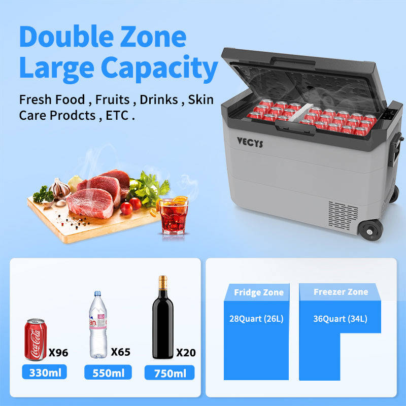 VECYS CR60 Dual Zone 64 Quart Portable Car Refrigerator -4℉-68℉ for RV, Truck, Boat, Outdoor and Home