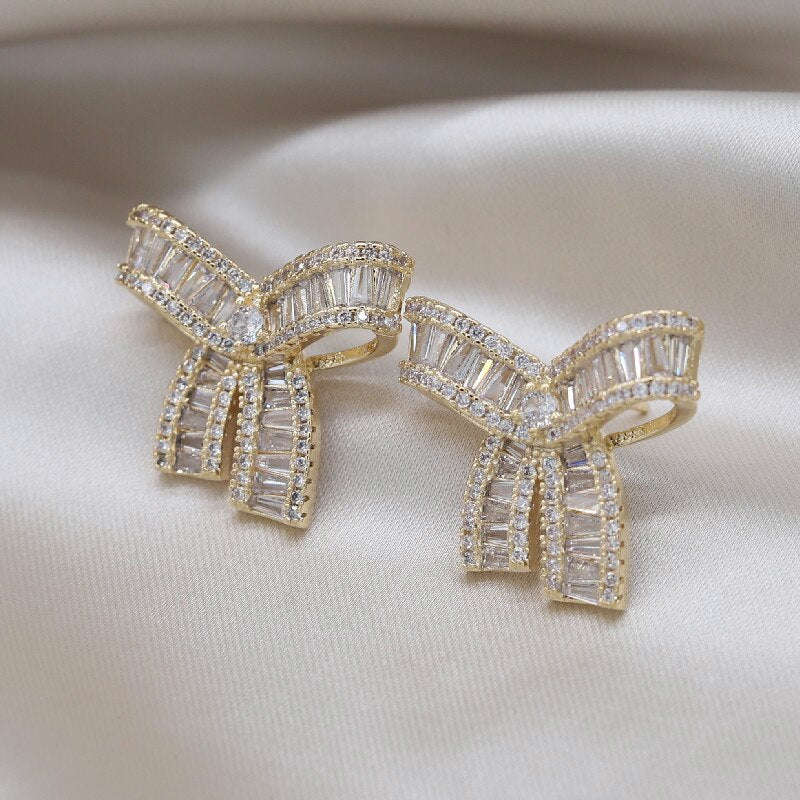 Elegant Women's Bowknot Stud Earrings - Cubic Zirconia Fashion Jewelry