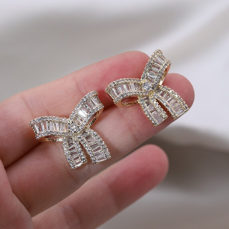 Elegant Women's Bowknot Stud Earrings - Cubic Zirconia Fashion Jewelry