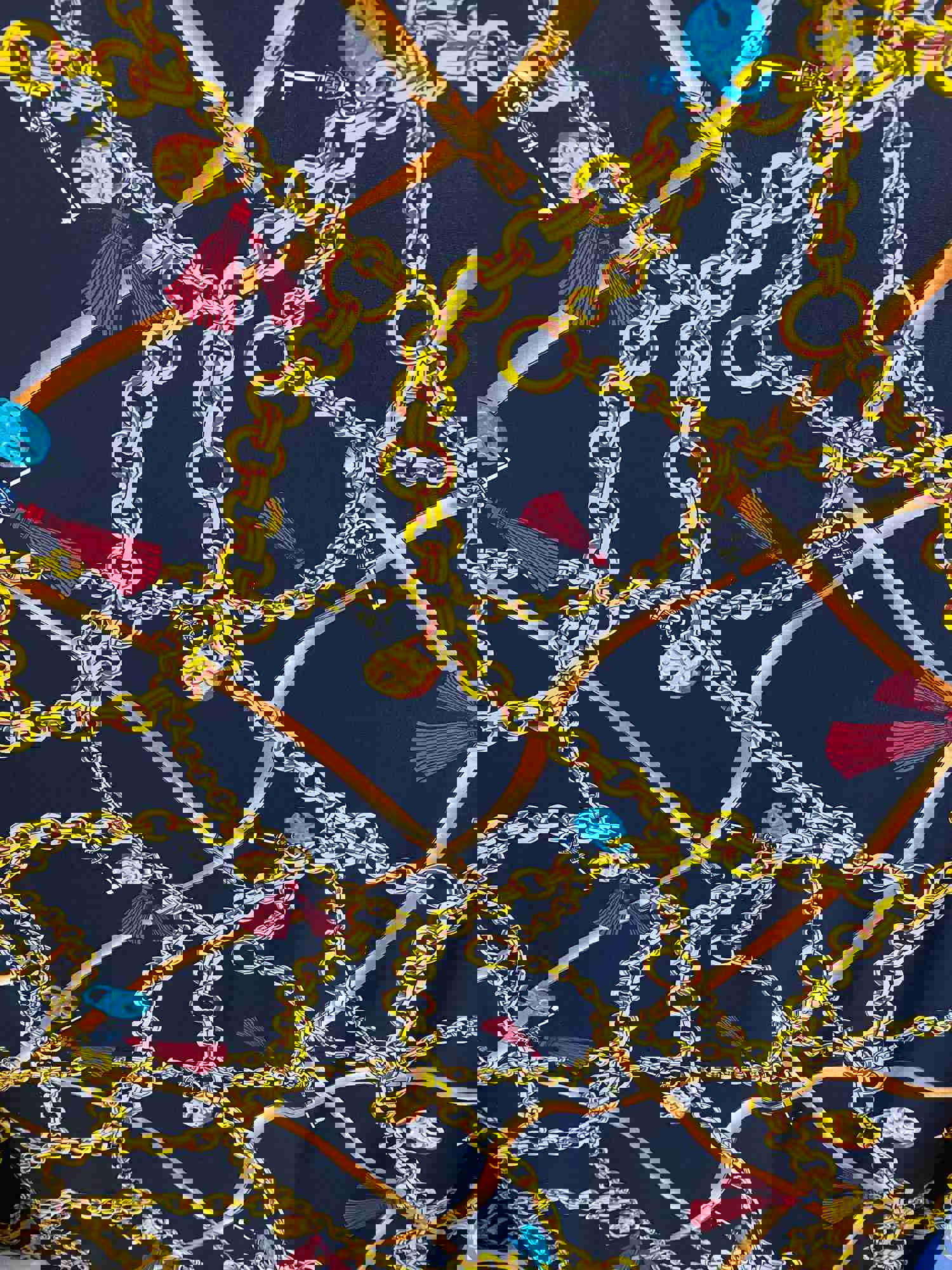 Elegant Print Design Stretch Spandex Fabric with Chains, Belts, Locks, and Tassels