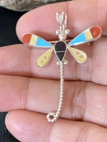 Handmade Zuni Turquoise and MOP Dragonfly Sterling Silver Pendant Necklace