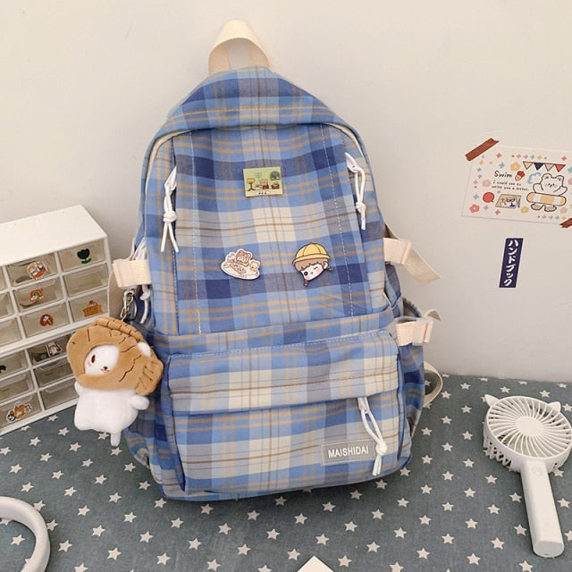 Japanese Plaid Backpack for Women - Large Capacity Korean Style Schoolbag