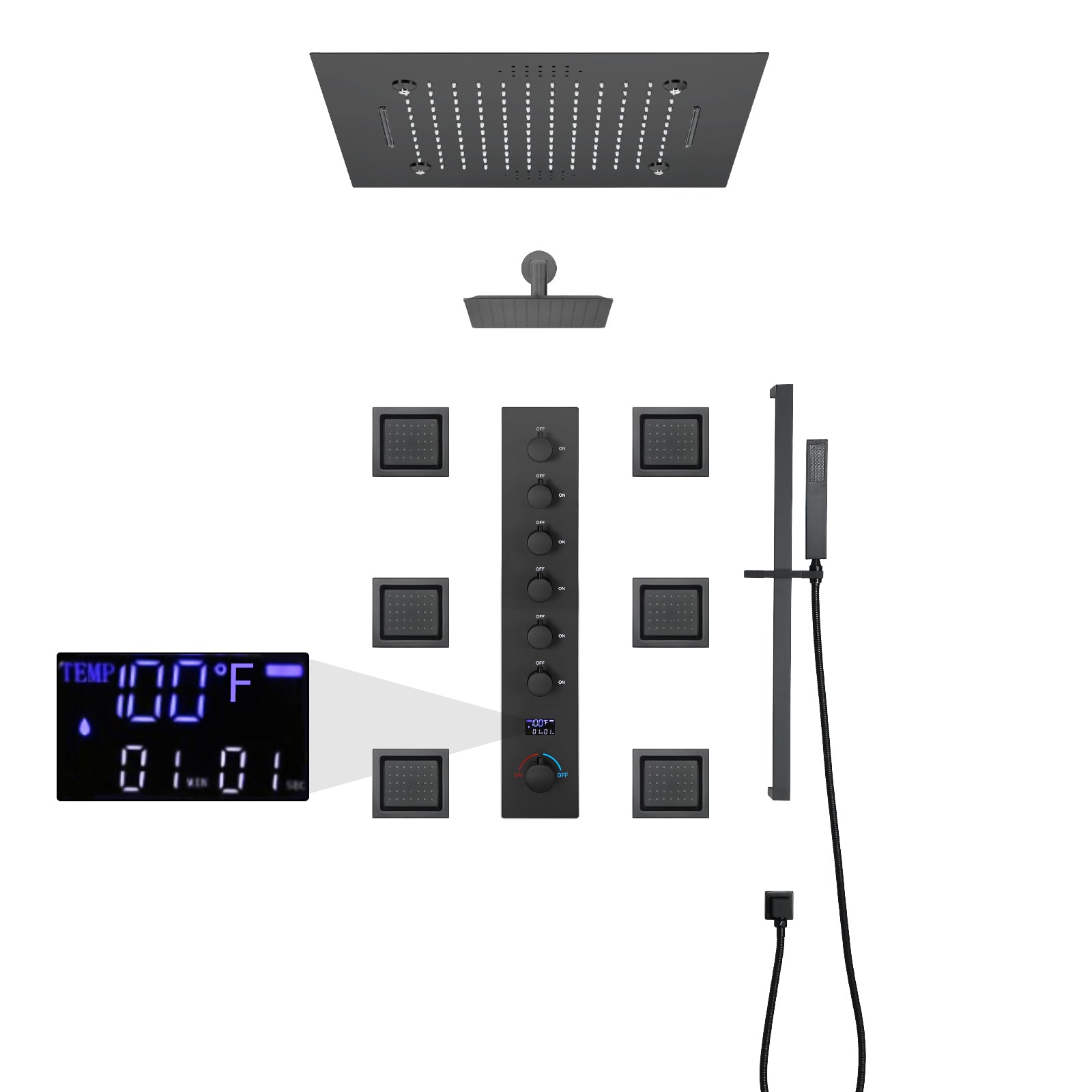 MONACO 20 x 20 Complete Luxury LED Music Shower Set with Rainfall, Waterfall, Mist Spray and 6 Body Jets
