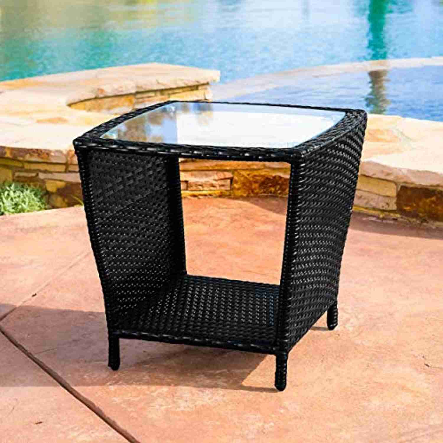 Easton Outdoor Black Wicker Accent Table with Glass Top