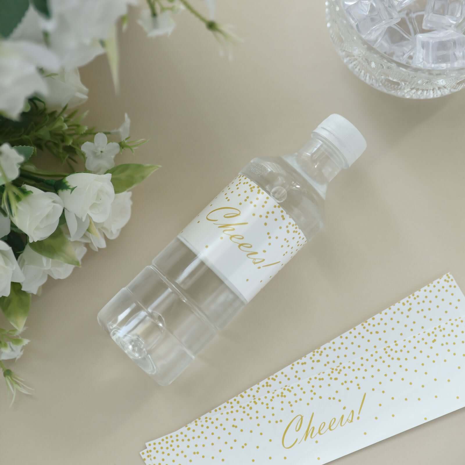 24 Pack White and Gold Cheers Wedding Party Water Bottle Labels, Waterproof Label Stickers