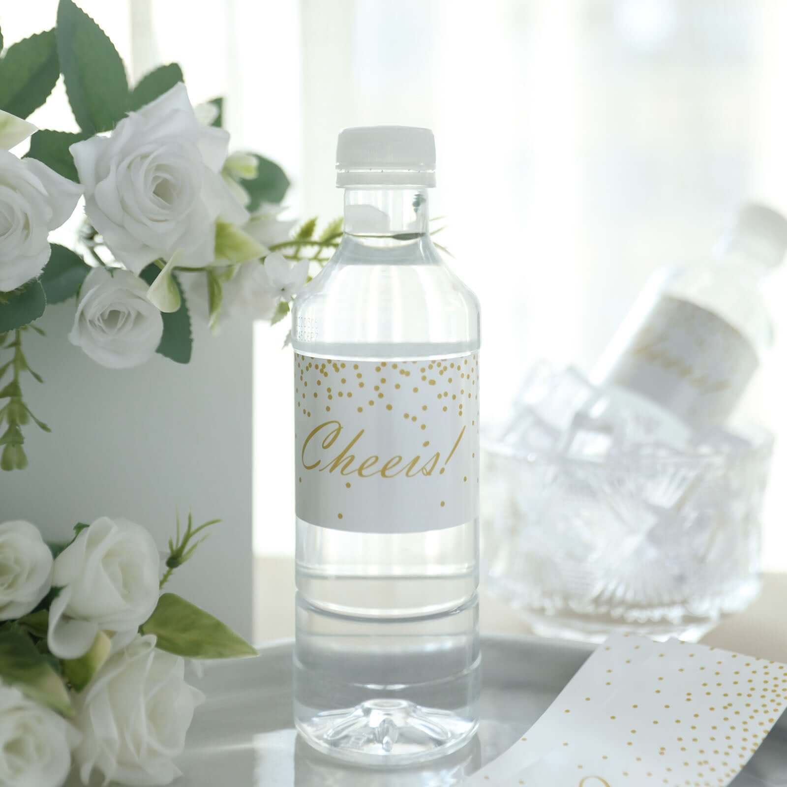 24 Pack White and Gold Cheers Wedding Party Water Bottle Labels, Waterproof Label Stickers