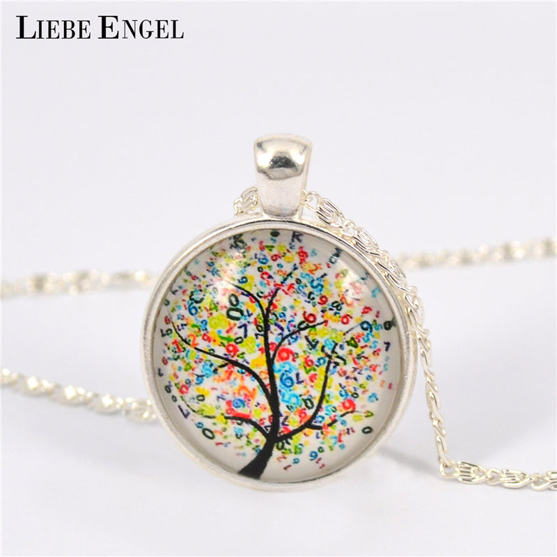 LIEBE ENGEL Vintage Life Tree Necklace - Silver Glass Cabochon Statement Jewelry for Women