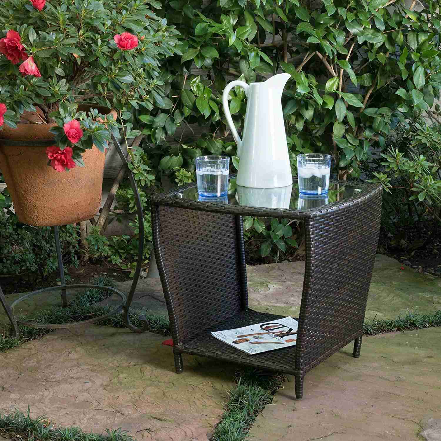 Easton Outdoor Black Wicker Accent Table with Glass Top