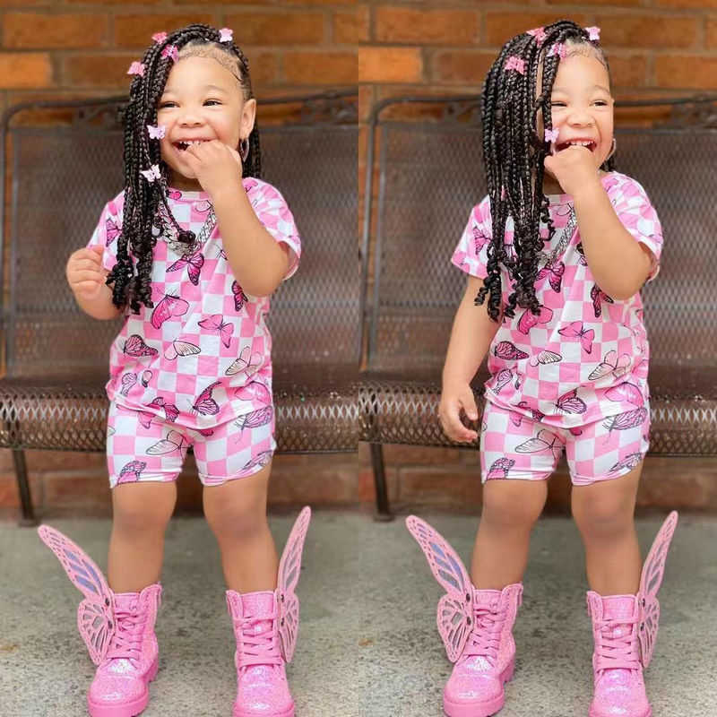 Two Pieces Kids Girls Butterfly Print Summer Clothing Sets