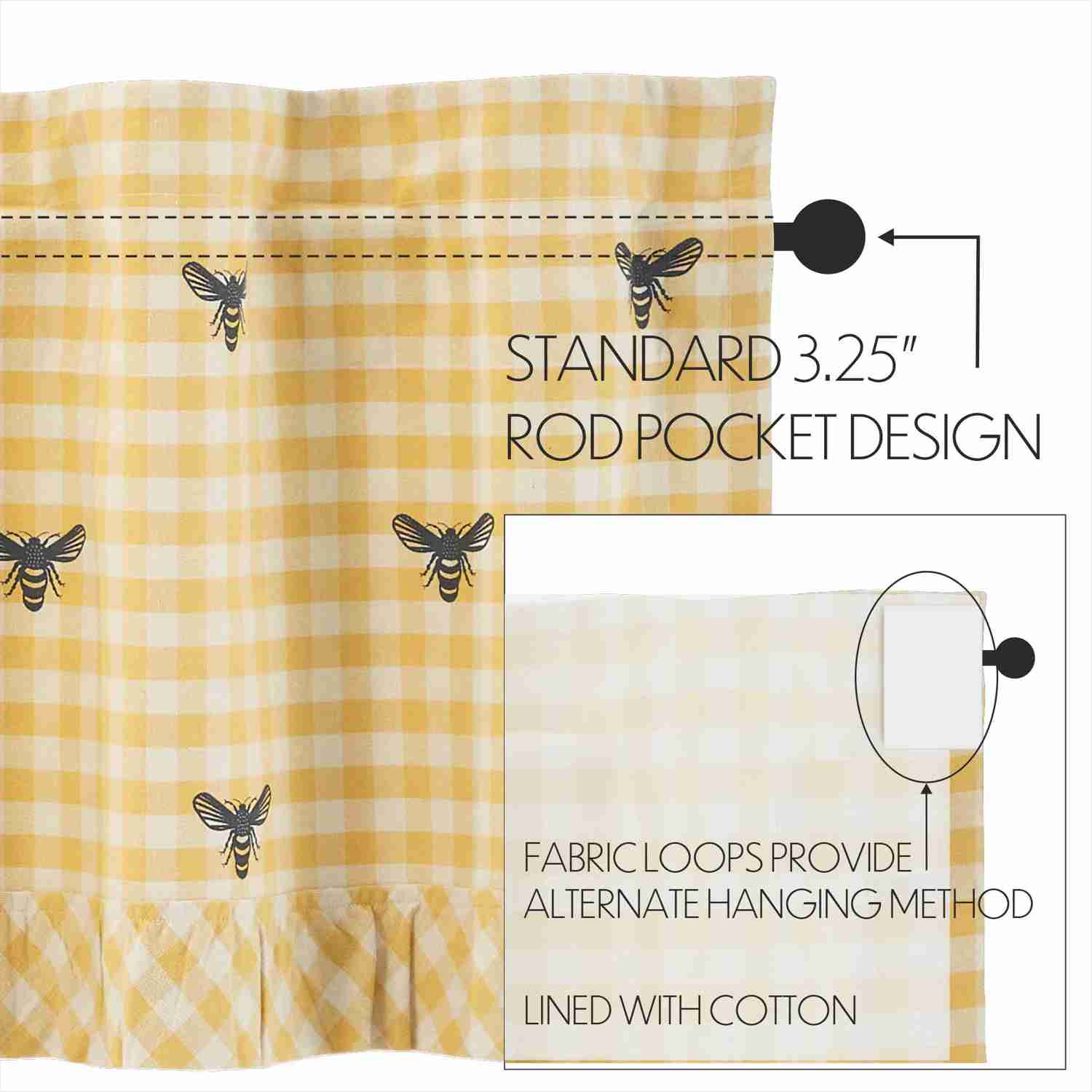Buzzy Bees Ruffled Valance 18 x 60 - Classic Cotton Window Treatment