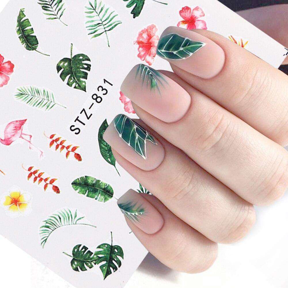 1pcs Water Nail Decal and Sticker Flower Leaf Tree Green Simple Summer Slider for Manicure Nail Art