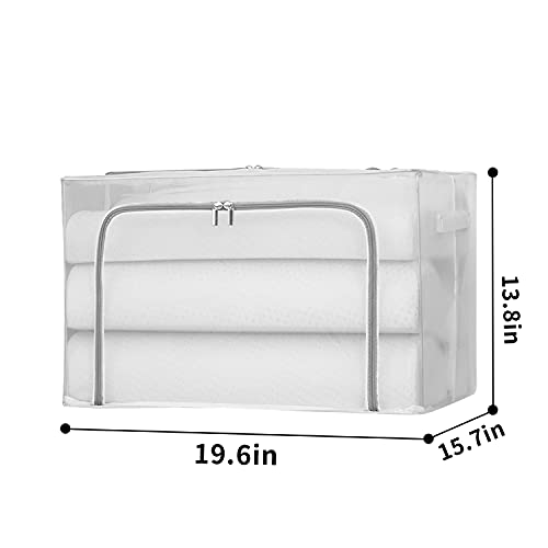 BYG 70L Waterproof Closet Clear Storage Bins with Lids, Stackable Foldable Steel Frame Handle for Comforters, Bedding, Blankets, Clothing, Pillows, Decorations - Pack of 2 (GREY, 70L)
