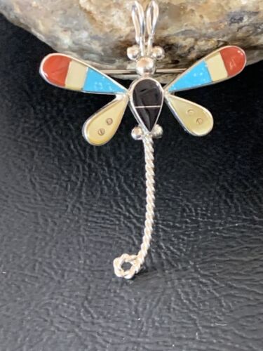 Handmade Zuni Turquoise and MOP Dragonfly Sterling Silver Pendant Necklace