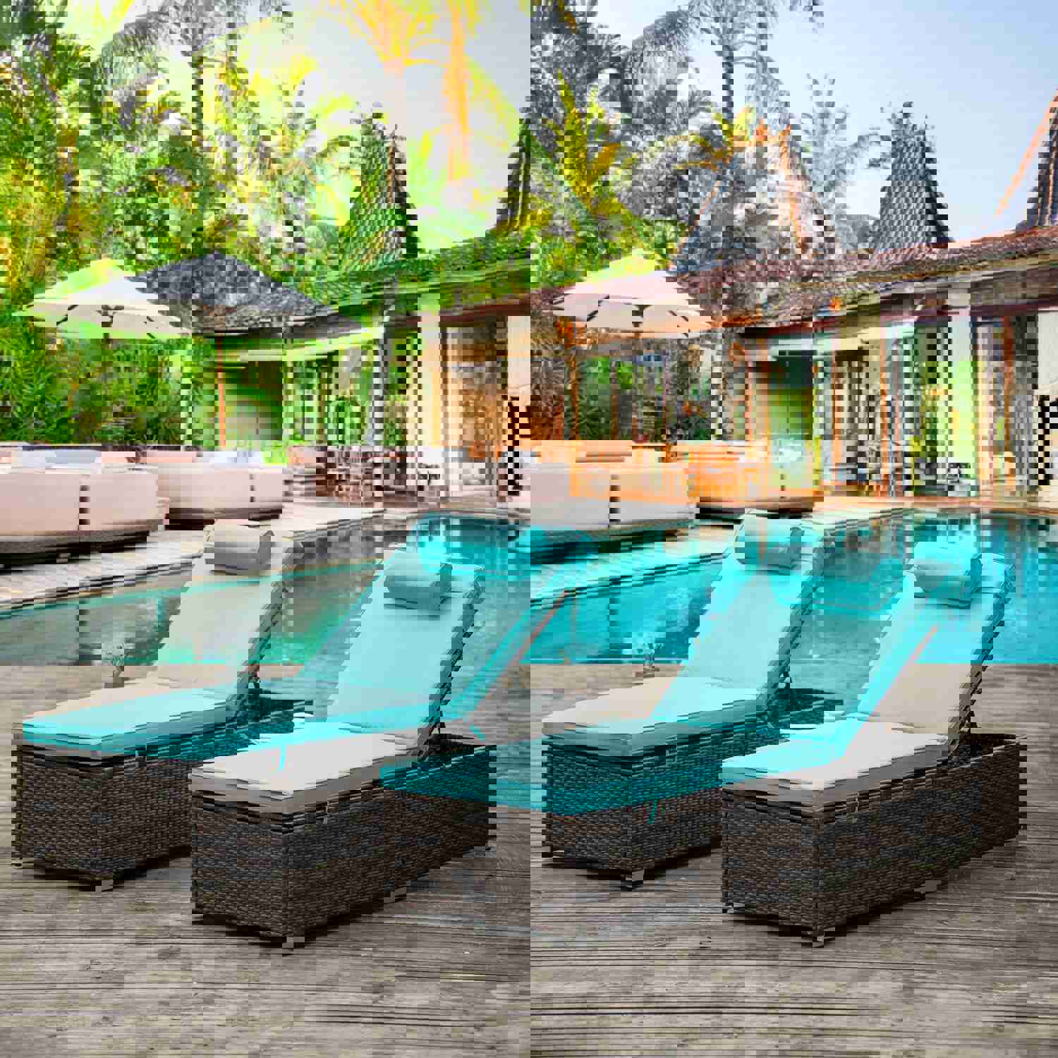 Outdoor PE Wicker Chaise Lounge - 2 Piece Patio Lounge Chair Set with Side Table