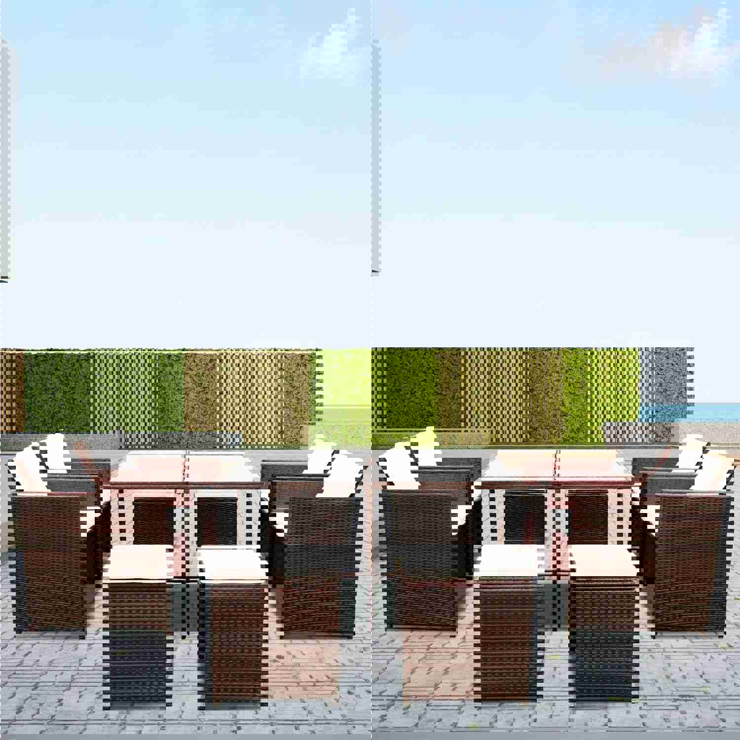 9 Pieces Patio Dining Sets Outdoor Space Saving Rattan Chairs with Glass Table