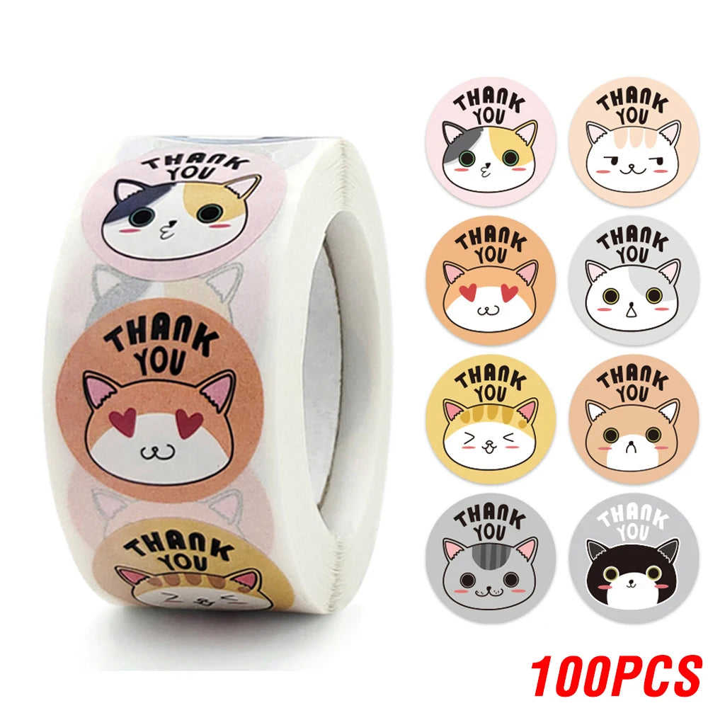 CIFEEO 100-500pcs Kawaii Cat Thank You Stickers for Gifts, Cards, and Parties