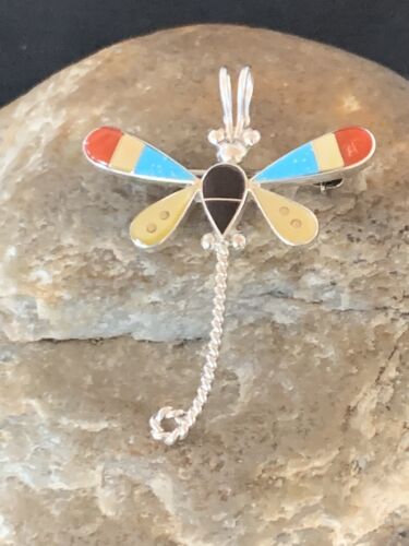 Handmade Zuni Turquoise and MOP Dragonfly Sterling Silver Pendant Necklace