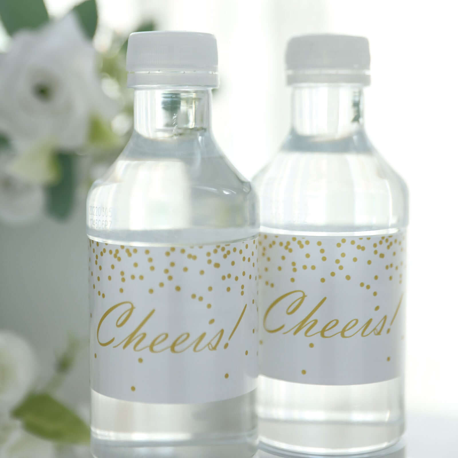 24 Pack White and Gold Cheers Wedding Party Water Bottle Labels, Waterproof Label Stickers