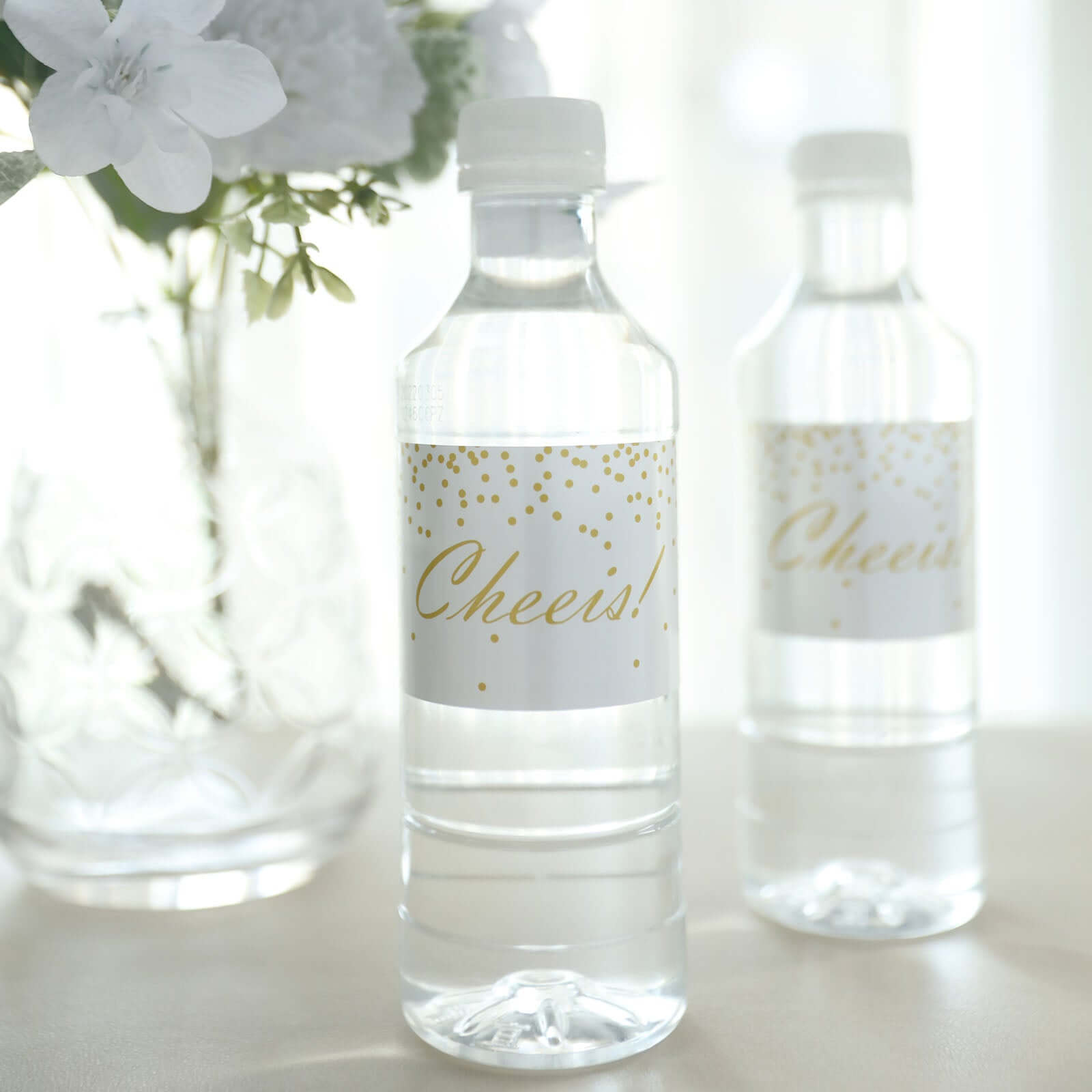 24 Pack White and Gold Cheers Wedding Party Water Bottle Labels, Waterproof Label Stickers
