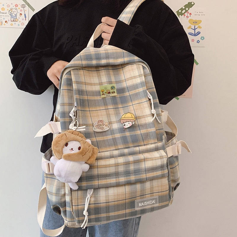 Japanese Plaid Backpack for Women - Large Capacity Korean Style Schoolbag
