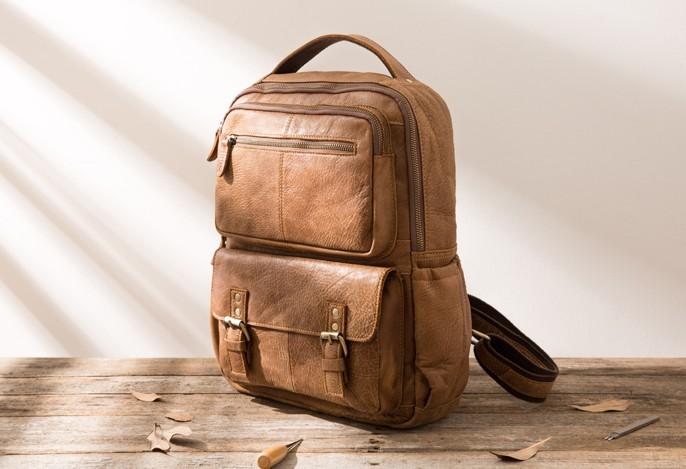 Brown Men's Leather Travel Laptop Backpack