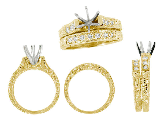 Art Deco Scrolls Engraved Yellow Gold 3/4 Carat Diamond Engagement Ring Mounting and Wedding Ring Set - 14K or 18K