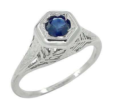 Art Deco Blue Sapphire Filigree Ring in 14K White Gold