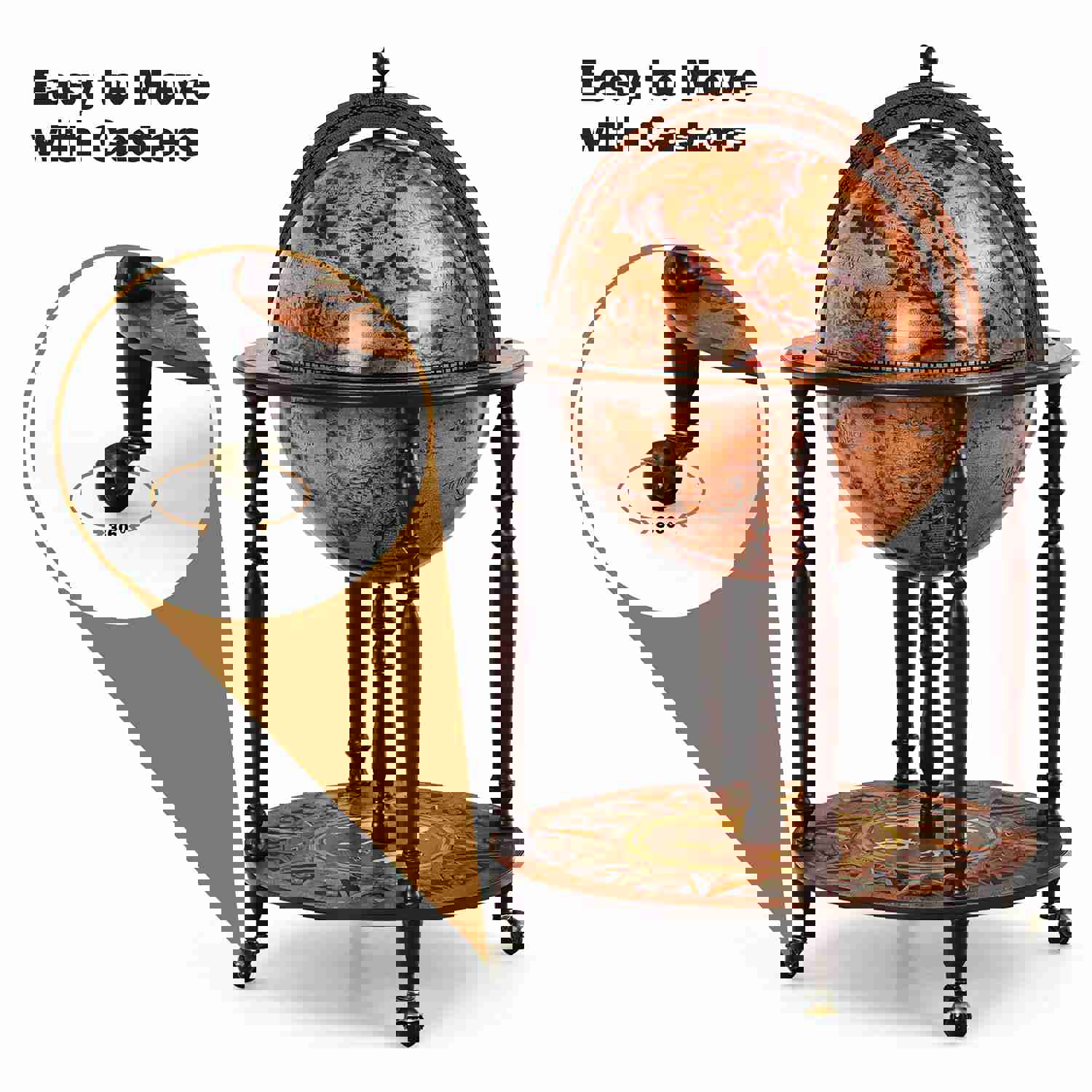 18 Globe Wine Bar Stand, 16th Century Italian Replica Wine Cabinet with Wheels