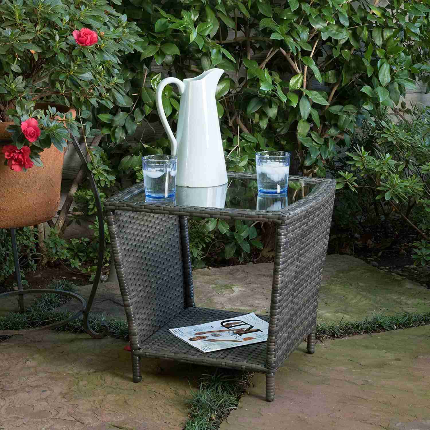 Easton Outdoor Black Wicker Accent Table with Glass Top