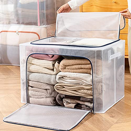 BYG 70L Waterproof Closet Clear Storage Bins with Lids, Stackable Foldable Steel Frame Handle for Comforters, Bedding, Blankets, Clothing, Pillows, Decorations - Pack of 2 (GREY, 70L)