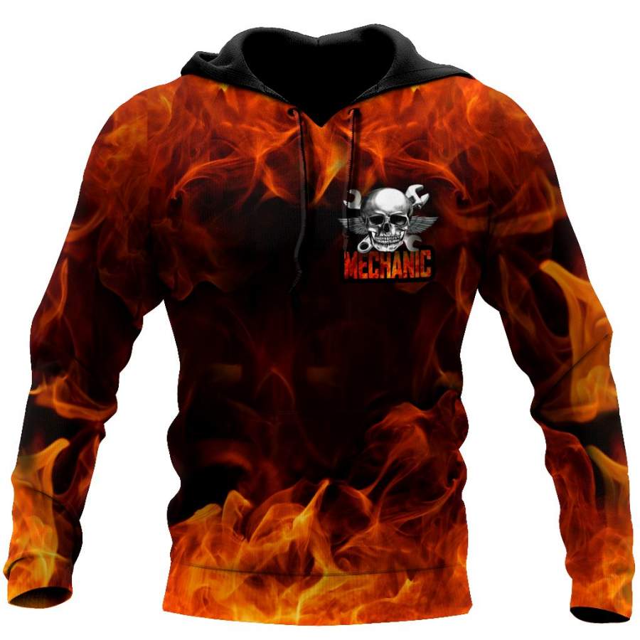 Joycorners Custom Name Fire Skull Mechanic Skull Printed 3D Hoodie
