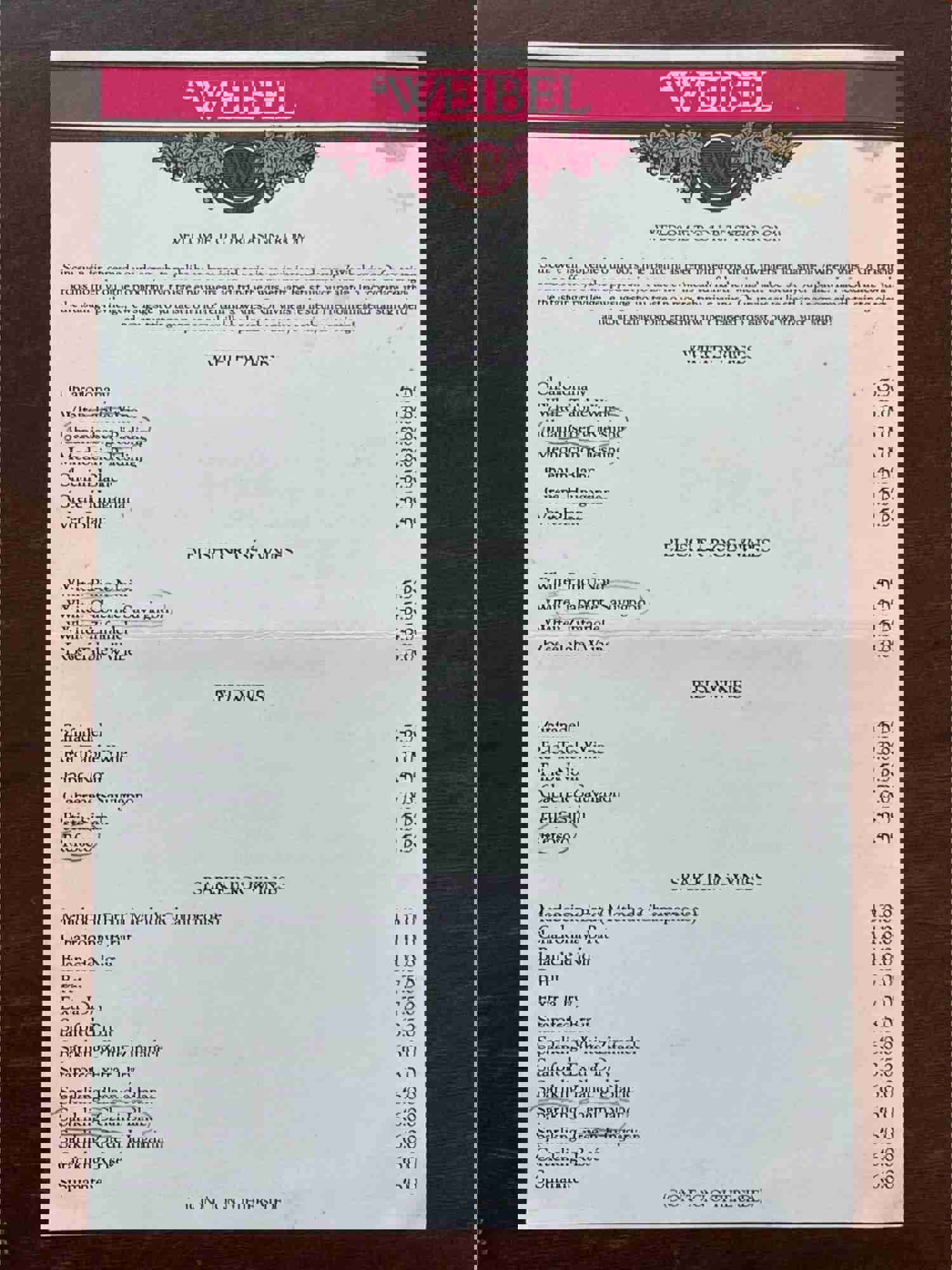 Vintage Wine Tasting Room Menu from WEIBEL WINERIES Lodi California (Possibly 1986)