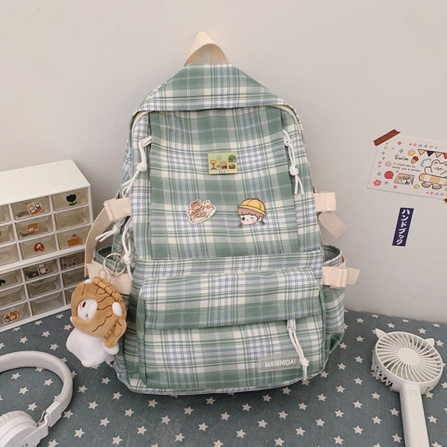 Japanese Plaid Backpack for Women - Large Capacity Korean Style Schoolbag