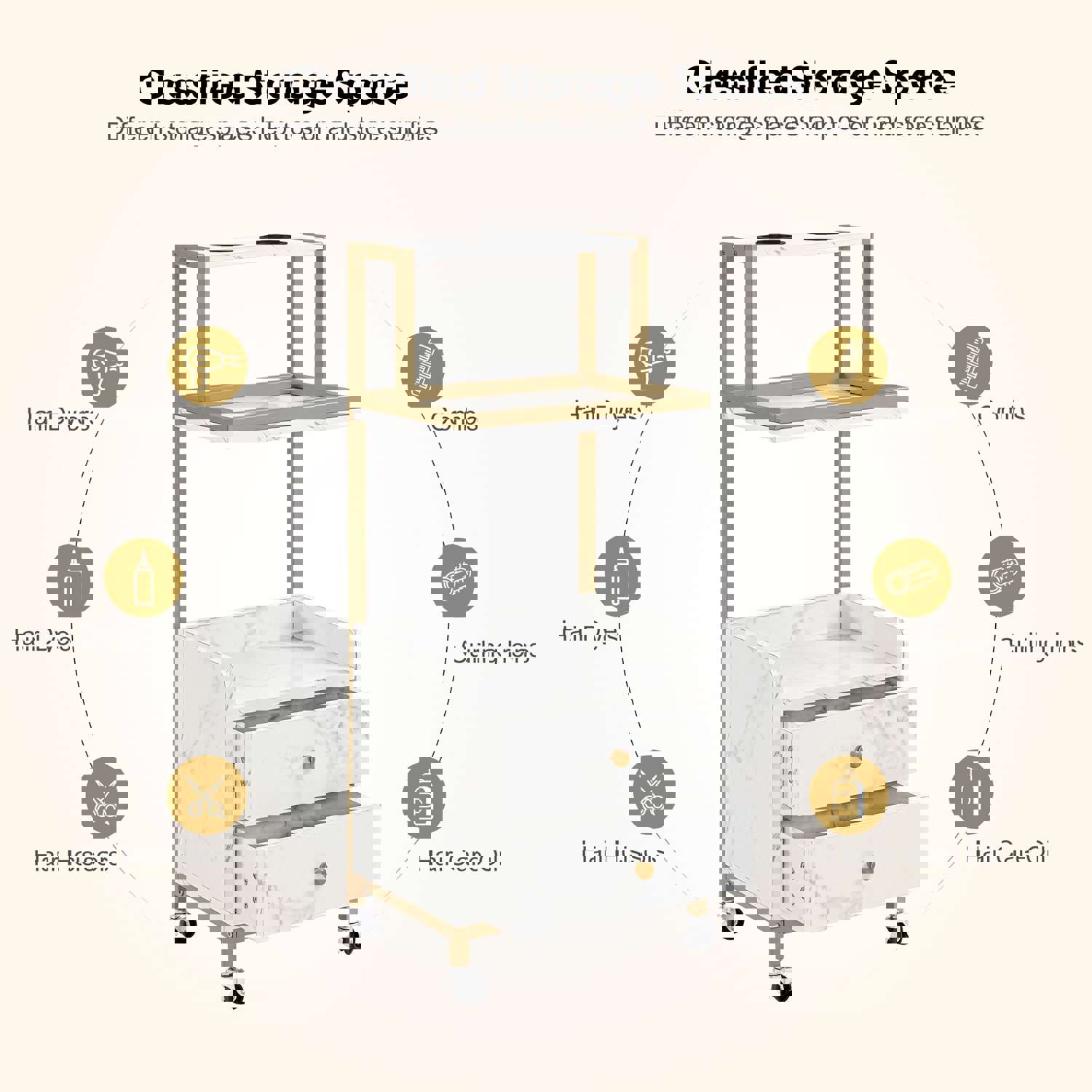 BarberPub Salon Trolley with Wheels - Rolling Barber Cart with Drawers & Marbled Board