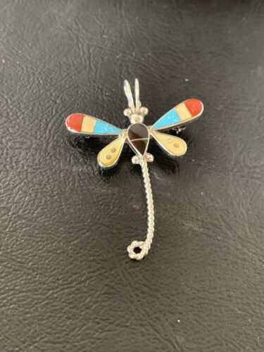 Handmade Zuni Turquoise and MOP Dragonfly Sterling Silver Pendant Necklace