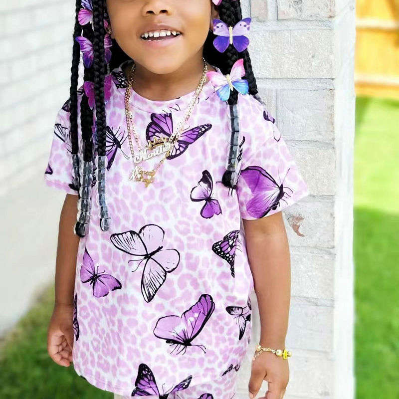 Two Pieces Kids Girls Butterfly Print Summer Clothing Sets