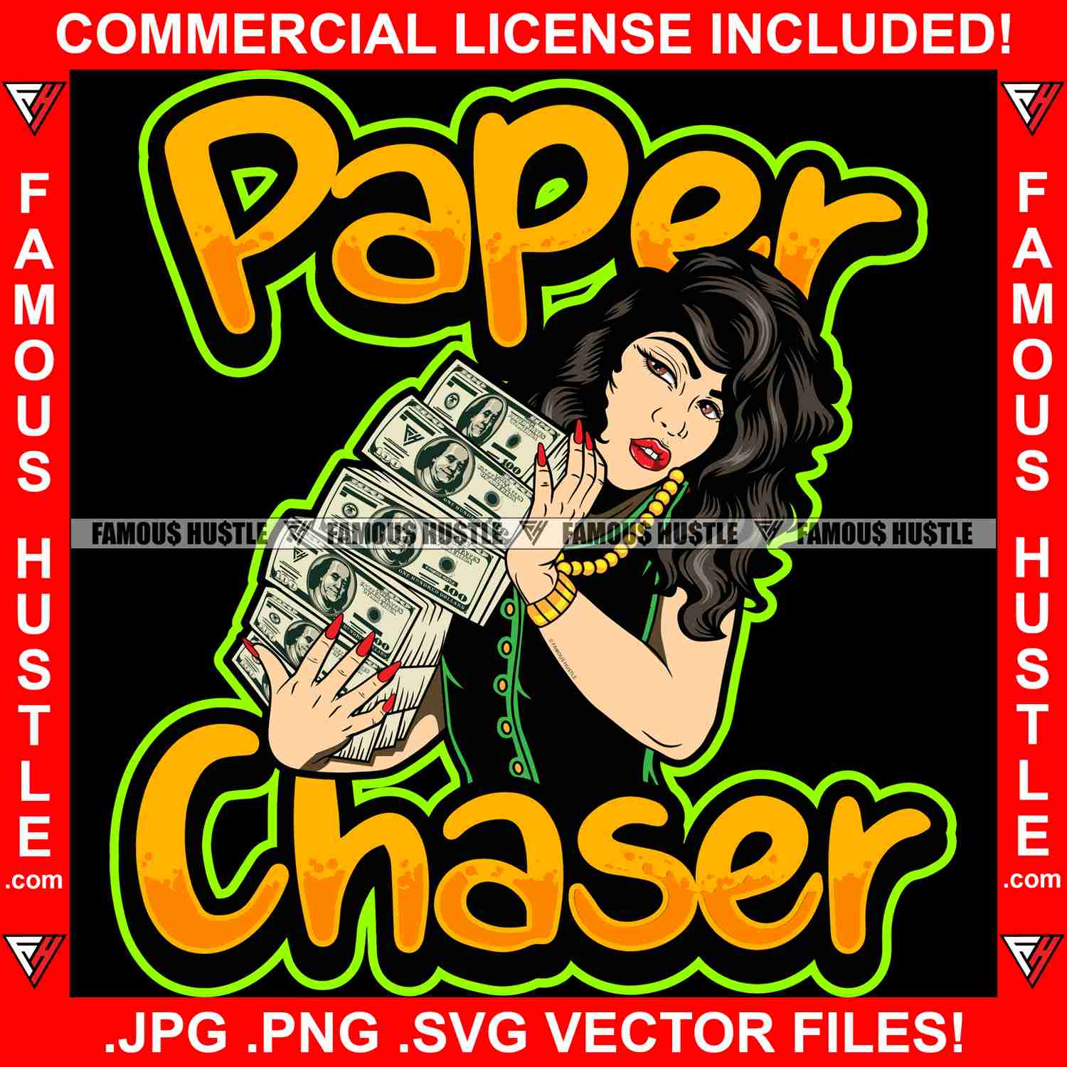 Sexy Female Lady Red Nails Holding Cash Money Stack Gold Chain Necklace Hip Hop Rap Graphic Design T-Shirt Print