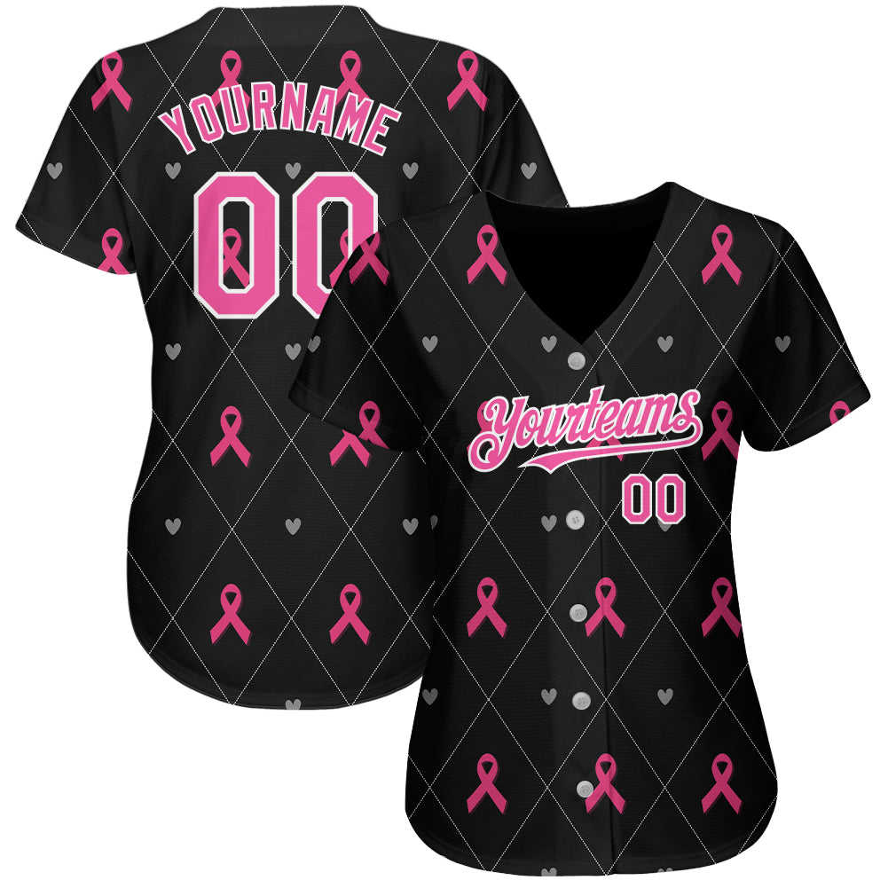 Custom Black Pink-White 3D Pink Ribbon Breast Cancer Awareness Women's Baseball Jersey