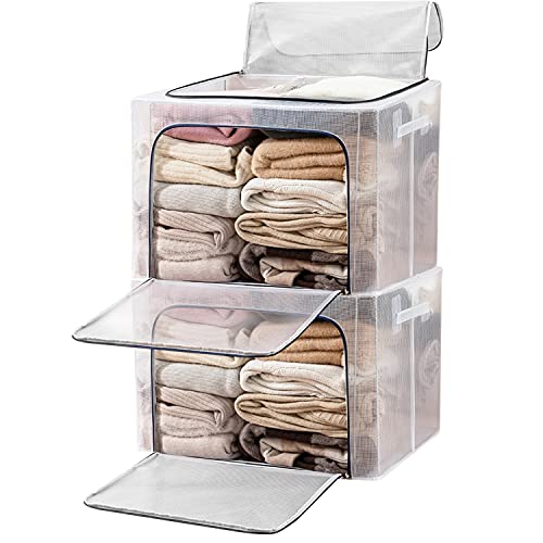 BYG 70L Waterproof Closet Clear Storage Bins with Lids, Stackable Foldable Steel Frame Handle for Comforters, Bedding, Blankets, Clothing, Pillows, Decorations - Pack of 2 (GREY, 70L)