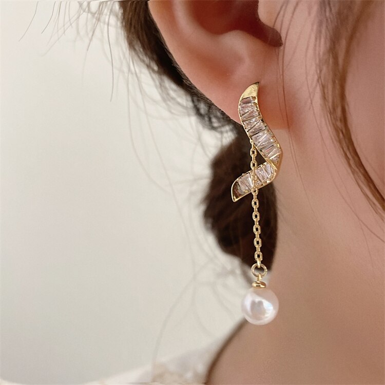 Korea Design Jewelry 14K Gold Plated York Zircon Pearl Pendant Earrings