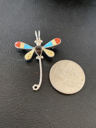 Handmade Zuni Turquoise and MOP Dragonfly Sterling Silver Pendant Necklace