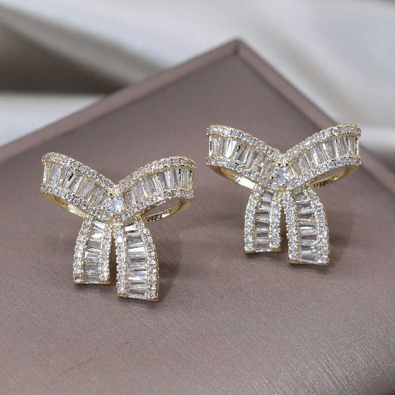 Elegant Women's Bowknot Stud Earrings - Cubic Zirconia Fashion Jewelry